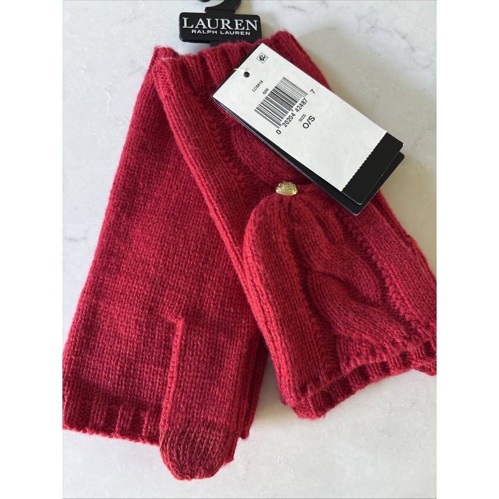 LAUREN RALPH Womens Blend Cable Knit Pop-Top Vesatile Gloves Martin Red Mittens